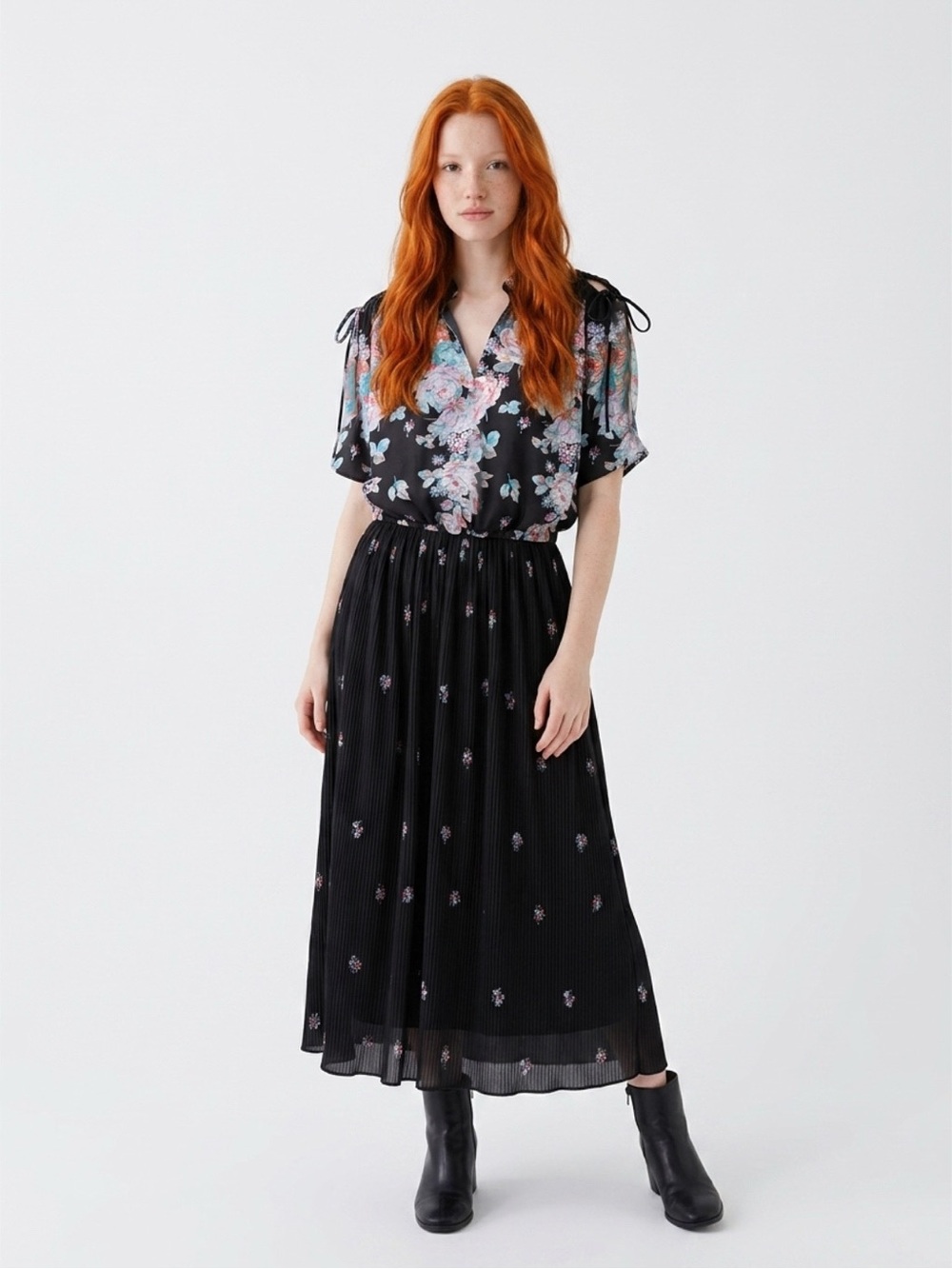 70s Black Floral Pleated Tea Length Dress